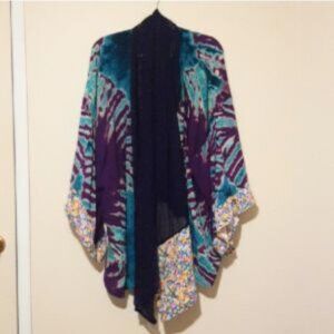 One-of-a-Kind Boho Tie-Dye Kimono | Sheer Collar & Colorful Artsy Floral Trim